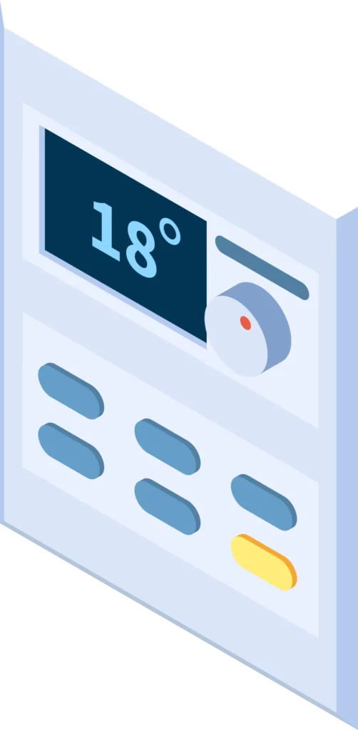 Isometrische Illustration eines digitalen Heizungsreglers mit Temperaturanzeige – KliWaTech Xanten am Niederrhein steht für präzise Steuerung und effiziente Wärmepumpentechnik.