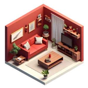 3D-Illustration eines modernen Wohnzimmers in warmen Farbtönen – KliWaTech Xanten am Niederrhein bietet effiziente Wärmepumpenlösungen für behagliche Raumwärme.